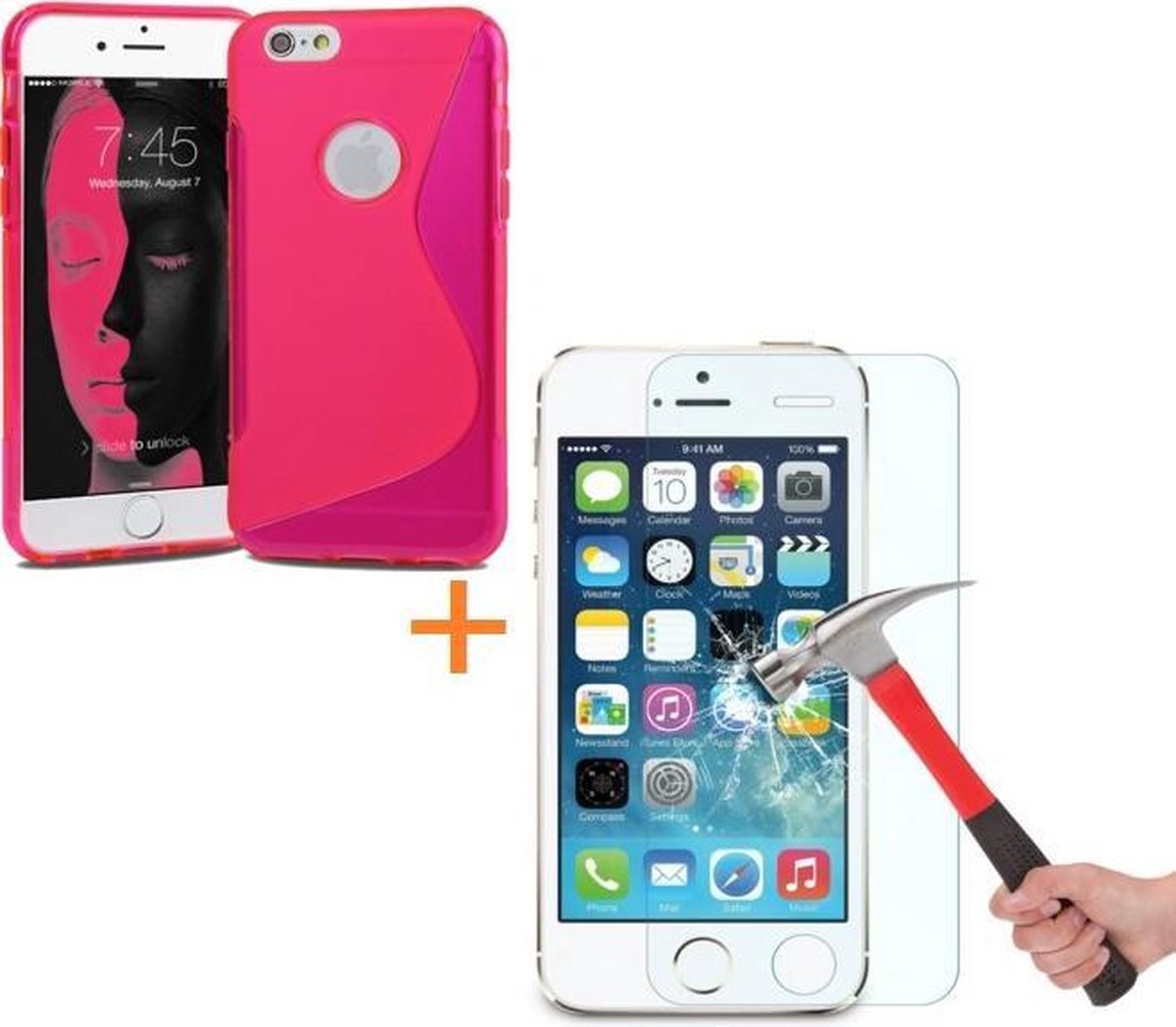 Comutter Silicone hoesje iPhone 5 5S roze met tempered glas screenprotector