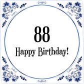 Verjaardag Tegeltje met Spreuk (88 jaar: Happy birthday! 88! + cadeau verpakking & plakhanger