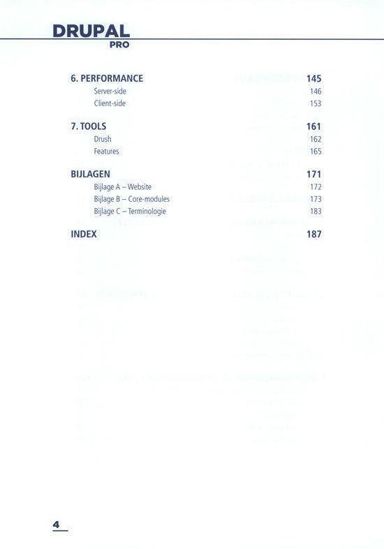 Inhoudsopgave van een boek over Drupal Pro, met hoofdstukken over Performance, Tools en Bijlagen.