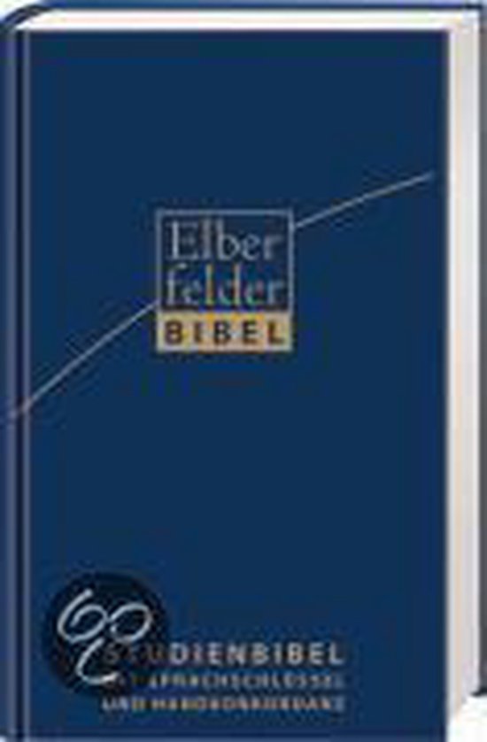 Donkerblauwe Elberfelder Bijbel met witte lijnen en de tekst 'Elberfelder Bibel' en 'Studienbibel'.