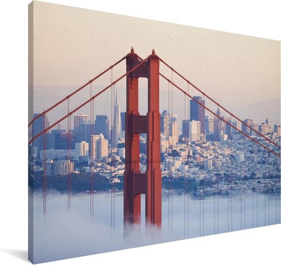 Canvas Schilderij Mistig rond de Golden Gate Bridge en San Francisco - 140x90 cm - Wanddecoratie
