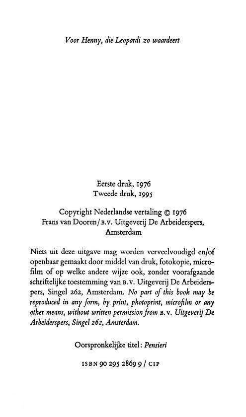 Colofonpagina van de Nederlandse vertaling van Pensieri door Frans van Dooren, 1976.