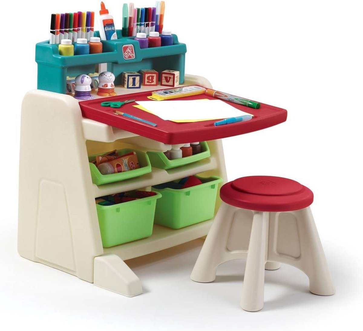 Step2 Flip & Doodle Easel Bureau met stoel voor kinderen - 2-in-1 kinderbureau en schildersezel van plastic / kunststof - Knutseltafel met opbergruimte - Step2