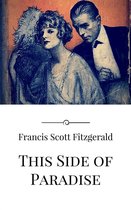 Een vintage omslagillustratie met een man en een vrouw uit de jaren 1920, met de titel "This Side of Paradise" van F. Scott Fitzgerald.
