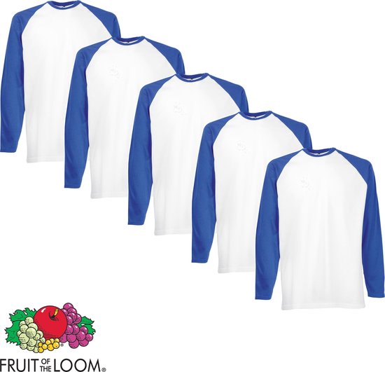 5 pack Fruit of the Loom Longsleeve T-shirts Royal/Wit XXL