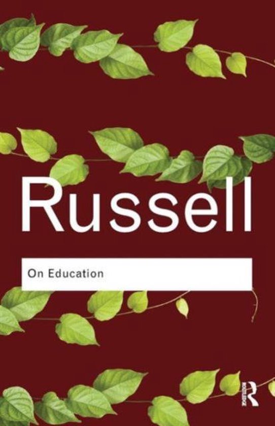 Boek met de titel 'Russell On Education' op een bordeauxrode achtergrond met groene bladeren langs de randen.