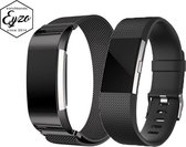 2-Pack Siliconen en Milanese Bandje voor Fitbit Charge 2 - Groot / Large – RVS Milanees + Silcoon Watchband voor Activity Tracker – Zwart (Black) – Band met Magneetsluiting en Gesp