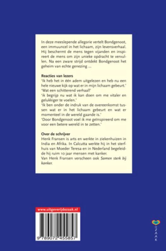 Achterkant boek 'BONDGENOOT' met samenvatting, reacties, auteurinfo en ISBN.