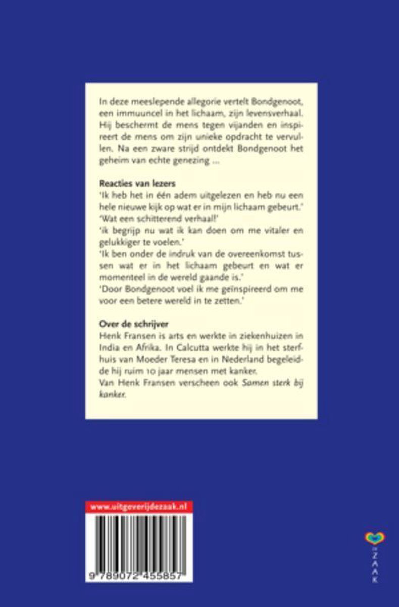 Achterkant boek 'BONDGENOOT' met samenvatting, reacties, auteurinfo en ISBN.