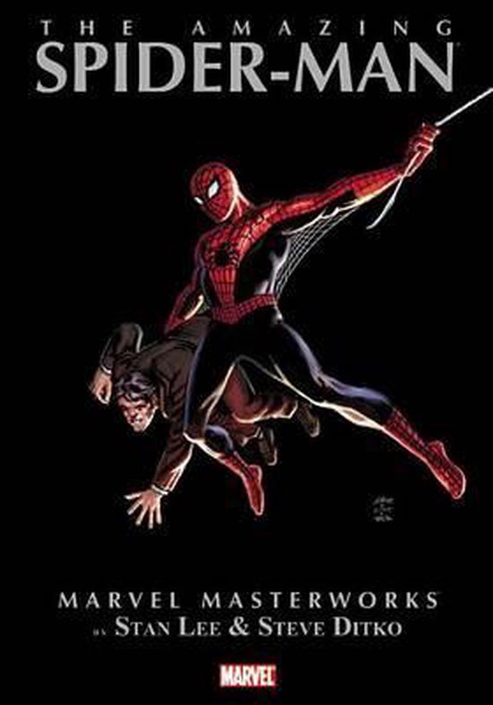 Spider-Man in rood en blauw pak, vangt een man in een bruin pak op. Tekst: The Amazing Spider-Man, Marvel Masterworks, Stan Lee & Steve Ditko.