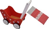 Playwood - Houten Poppenwagen rood met witte hartjes - inclusief dekje rode ruitjes
