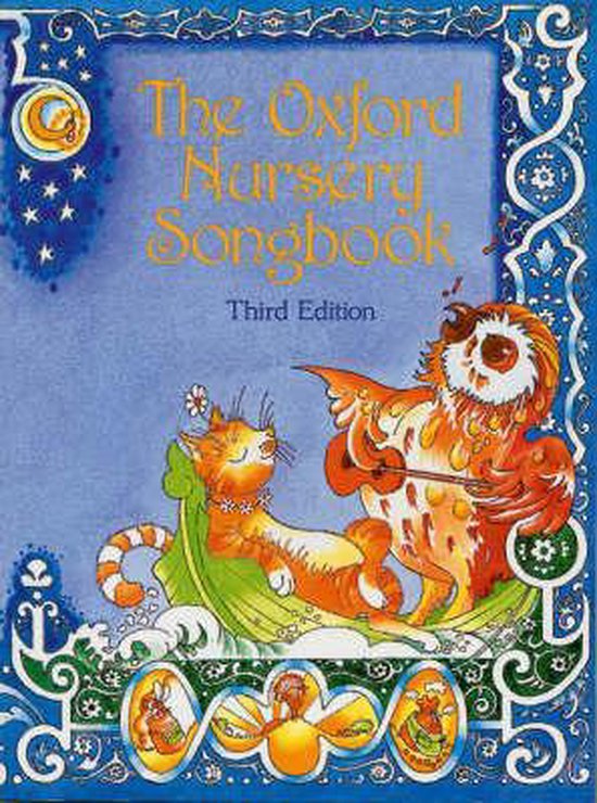 De Oxford Nursery Songbook, derde editie. Met een kat en een uil in een tekenfilmstijl.