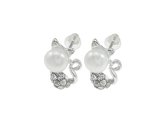Zoetwater parel oorbellen Pearl Cat W - oorstekers - echte parels - wit - kat - stras steentjes