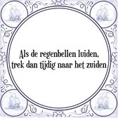 Tegeltje met Spreuk (Tegeltjeswijsheid): Als de regenbellen luiden, trek dan tijdig naar het zuiden + Kado verpakking & Plakhanger