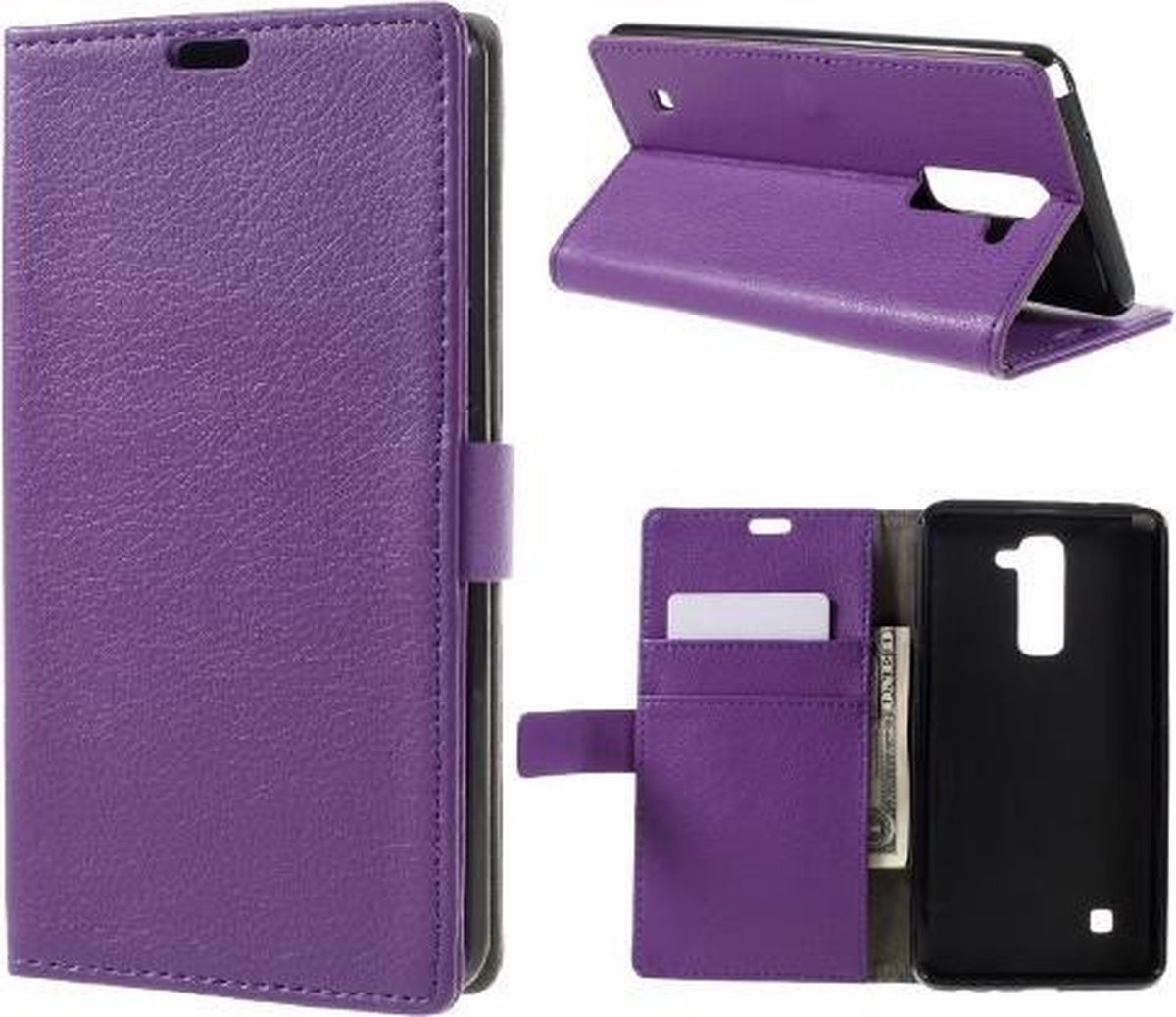 Litchi cover paars wallet case hoesje Geschikt voor:LG Stylus 2