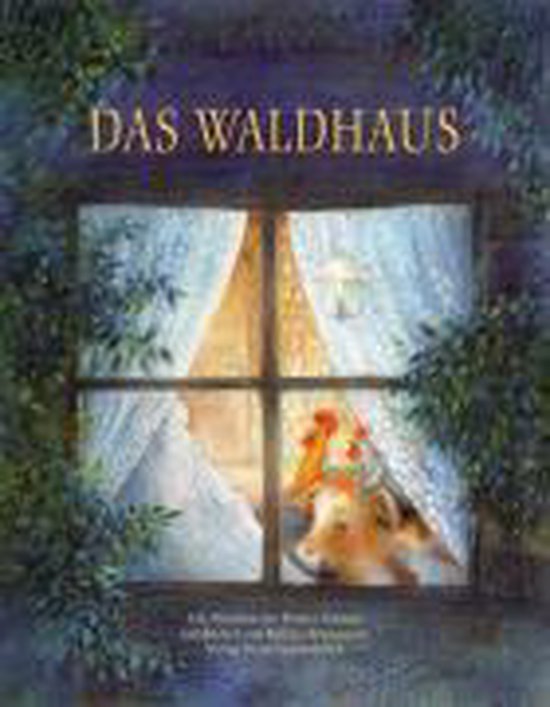 Livre "Das Waldhaus" avec une illustration d'un renard regardant par la fenêtre.