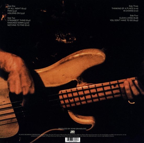 Close-up van een hand die een basgitaar vasthoudt, met de frets en snaren zichtbaar. De hoes van het album A DEEPER UNDERSTANDING.