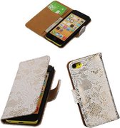 Apple iPhone 5c - Lace Bloem Glanzend  Design Wit Hoesje - Book Case Wallet Cover Beschermhoes