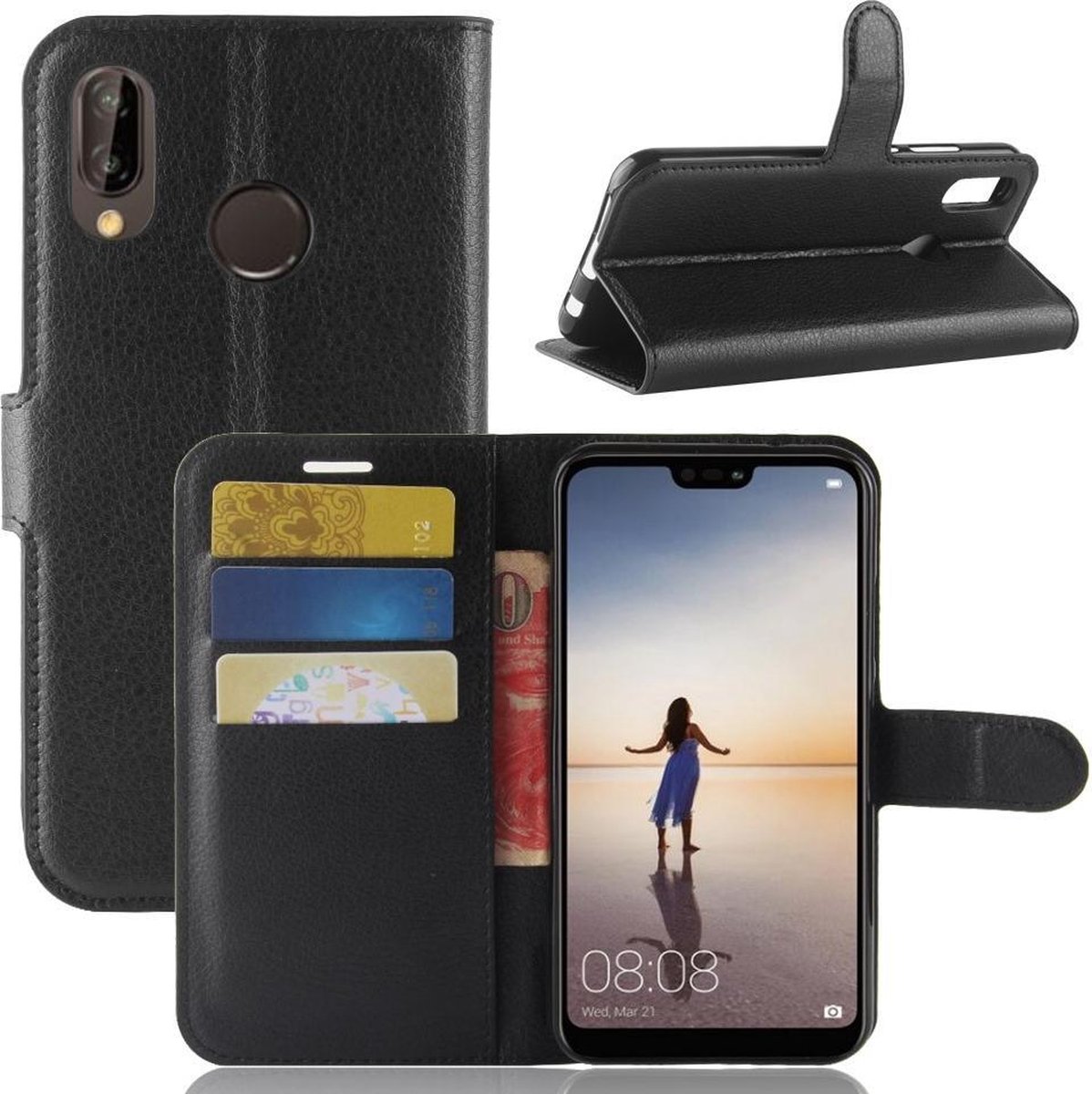 Book Case - Geschikt voor Huawei P20 Lite Hoesje - Zwart