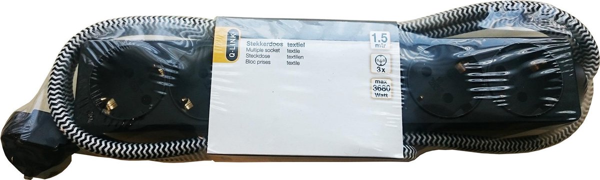 Q-Link stekkerdoos â€“ 3â€“voudig â€“ randaarde â€“ max 3500W â€“ textiel â€“ 3 x 1.5 mmÂ² â€“ 1.5 m â€“ zwart â€“ wit