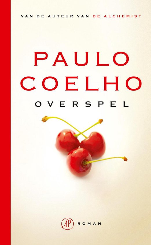 Boekcover van Paulo Coelho's 'Overspel' met drie kersen op een witte achtergrond.