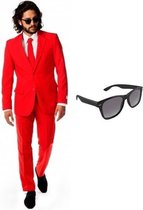 Rood heren kostuum / pak - maat 46 (S) met gratis zonnebril
