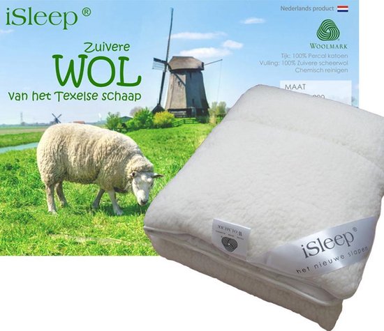 Ecru wollen deken met 'iSleep' en 'Wolmerk' labels, naast een afbeelding van een Texelse schaap.