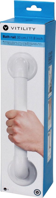 Verpakking van Vitility badkamer handgreep van 30 cm, met een afbeelding van de witte handgreep.