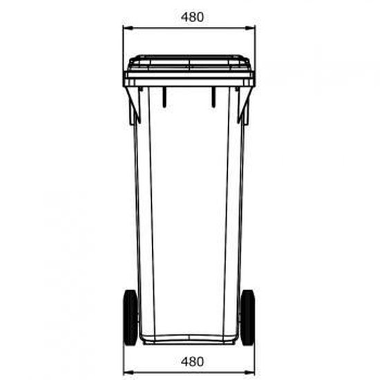 Technische tekening van de blauwe mini-container, breedte 480, met twee wielen.