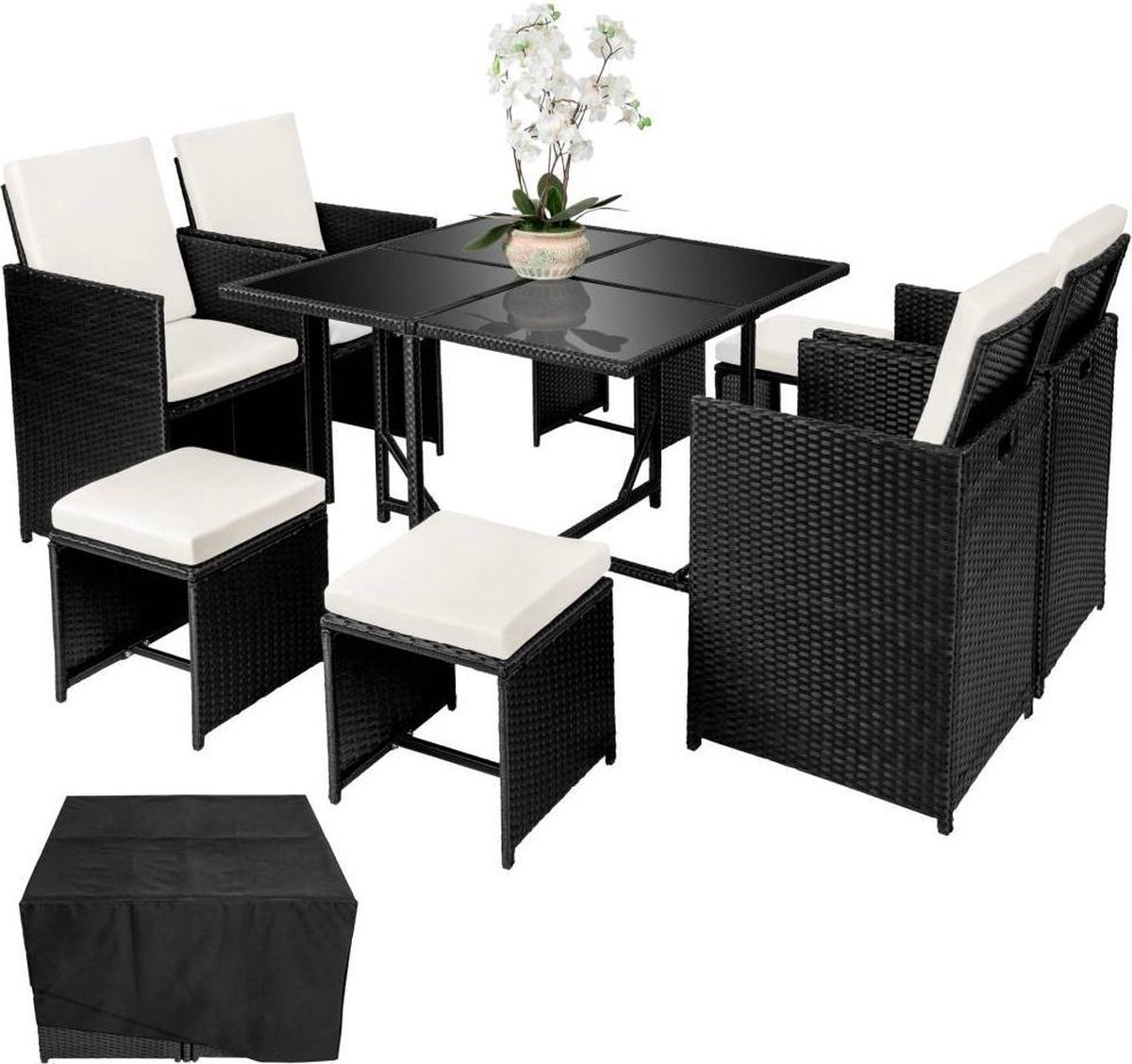 TecTake Wicker tuinset zwart 4 stoelen en 4 krukken 1 tafel