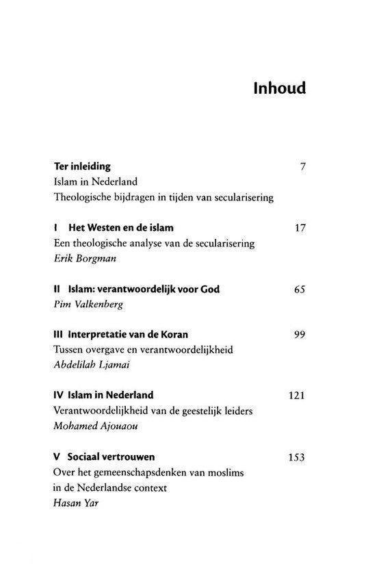 Inhoudsopgave van 'Islam in Nederland', met hoofdstukken over de theologische bijdragen van de islam, de rol van god en de interpretatie van de Koran.