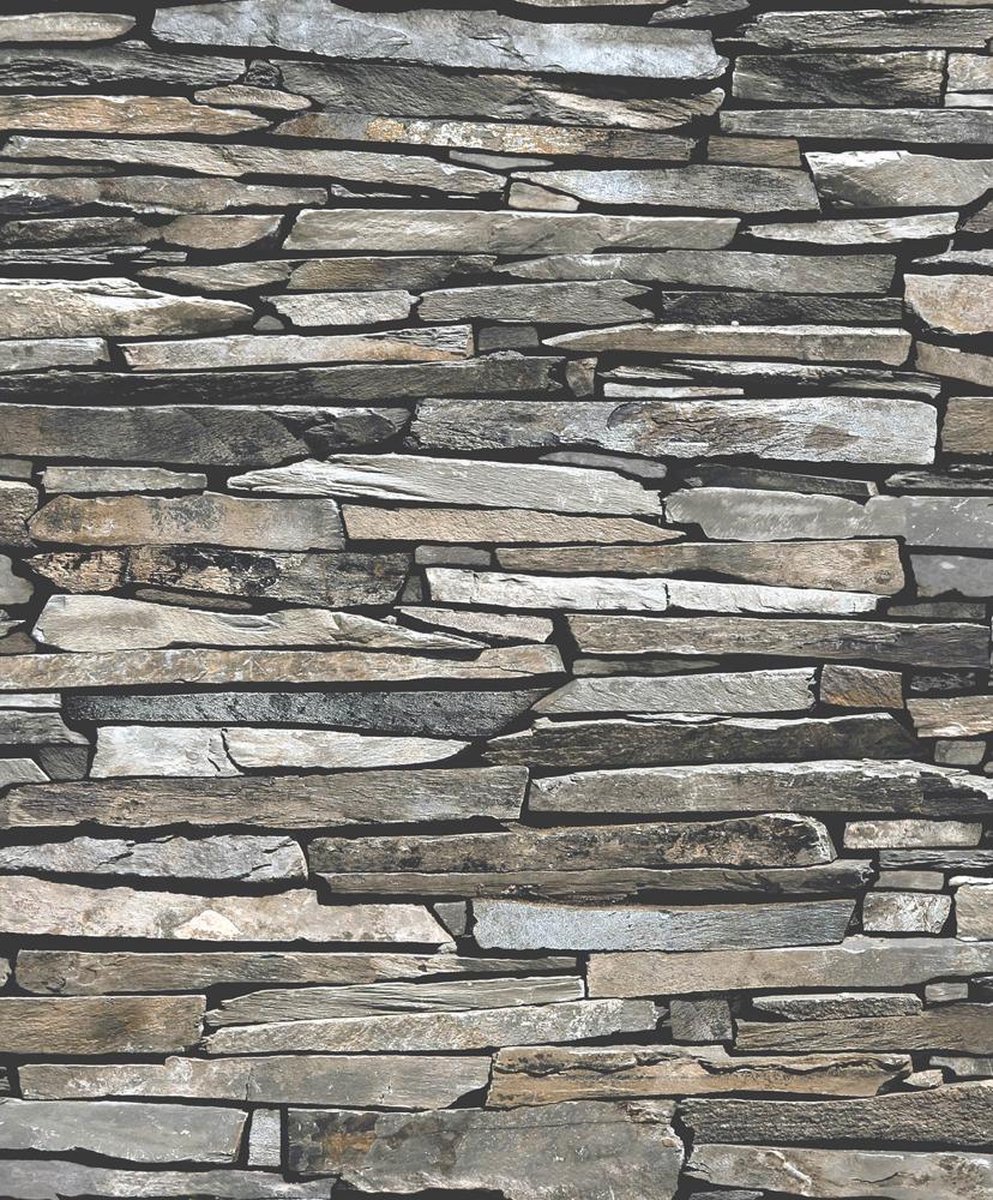 Dutch Wallcoverings vliesbehang stenen - grijs/zwart