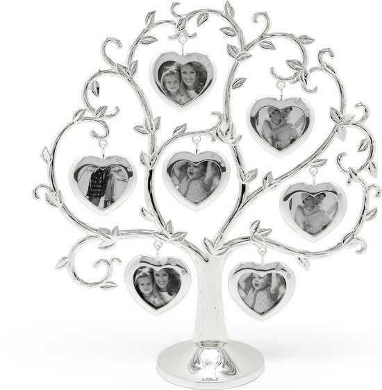 Coeur d'arbre généalogique Zilverstad avec sept photos - argenté