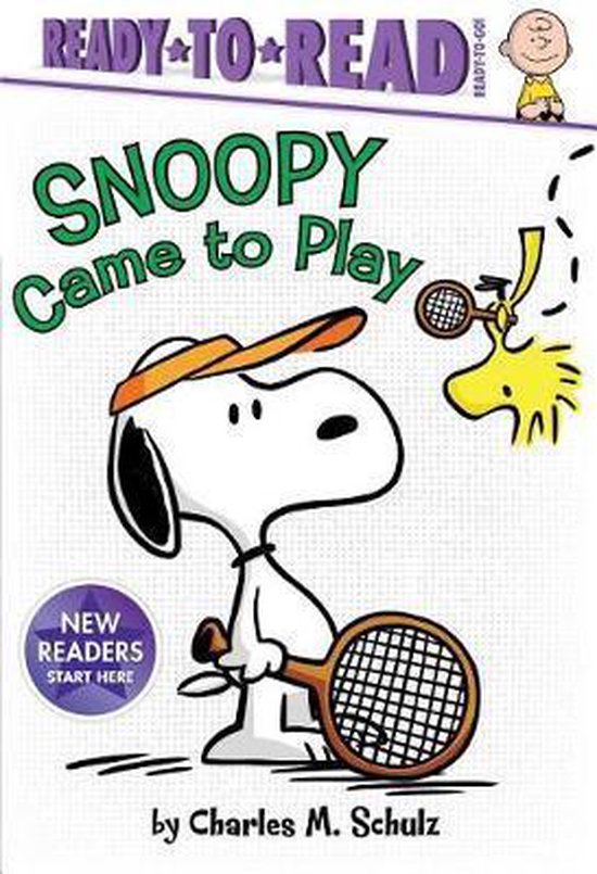Snoopy met een tennisracket, op de cover van het boek "Snoopy Came to Play" van Charles M. Schulz.