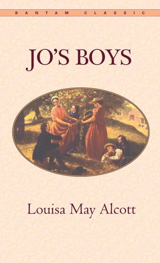 Boek 'Jo's Boys' van Louisa May Alcott, met een illustratie van een groep mensen in een tuin.