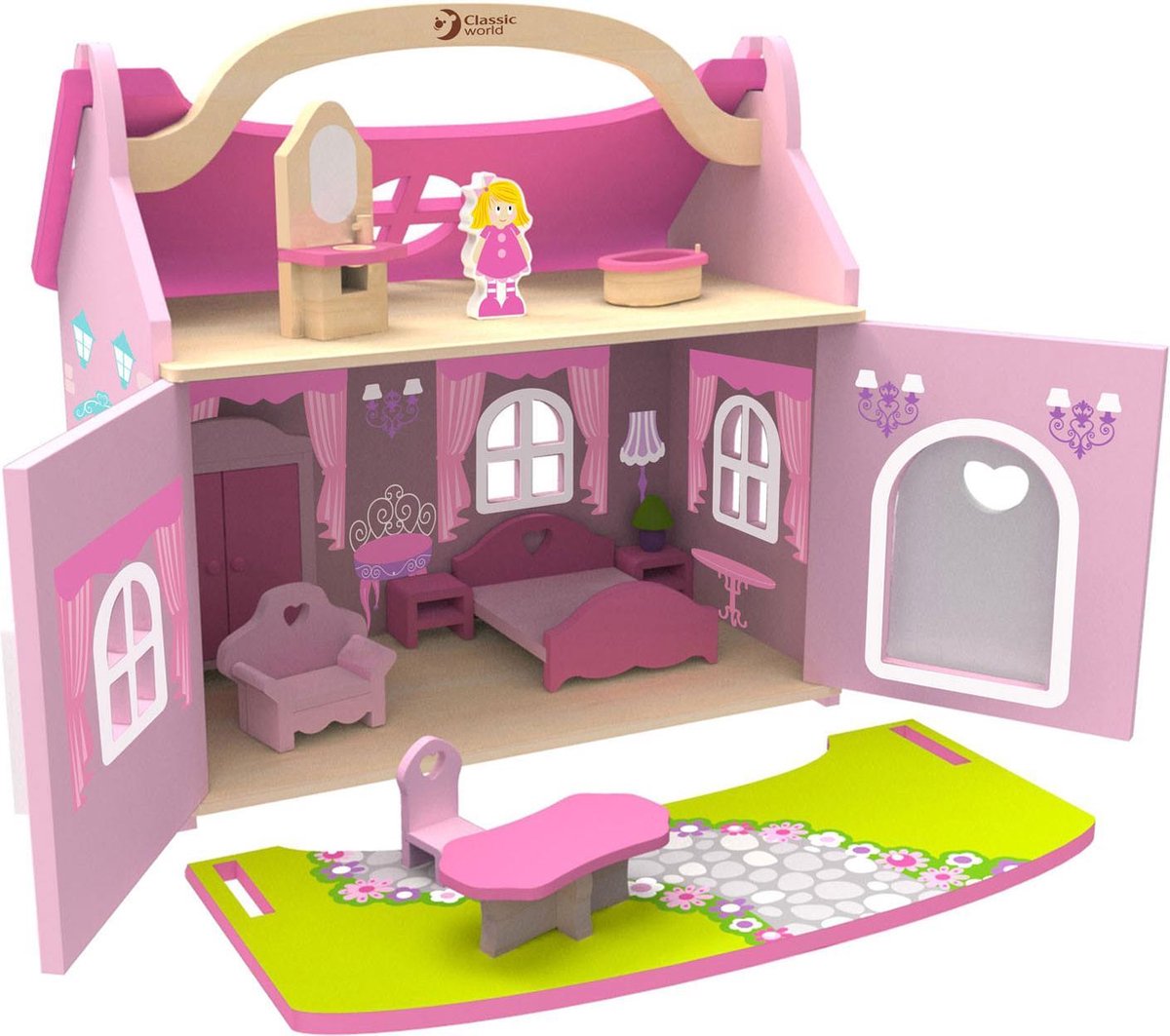 Classic World Roze Poppenhuis 14dlg. Afmeting artikel: 43 x 40 x 30 cm