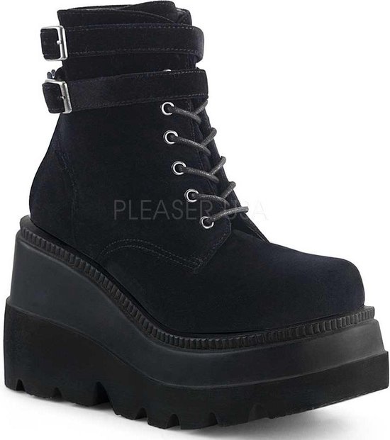 Shaker-52 plateau sleehak enkellaars met riempjes fluweel zwart - (EU 41,5 = US 11) - Demonia