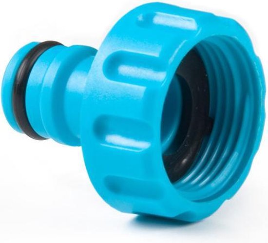 Turquoise slangkoppeling met schroefdraad en zwarte ringen, op witte achtergrond.