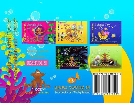 Boekomslag met 6 cartoon-illustraties van Tooby de aap en andere dieren in de jungle. De titel luidt 'Apenstreken met Tooby'.