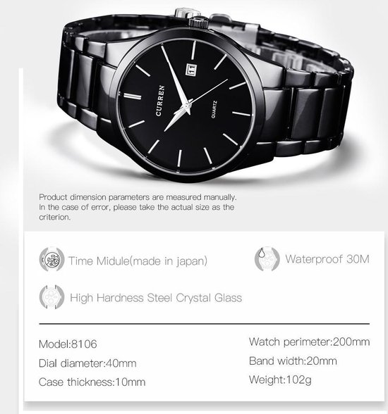 Curren - basic heren horloge - analoog - staal - zwart - met datum - 40 mm  | bol.com