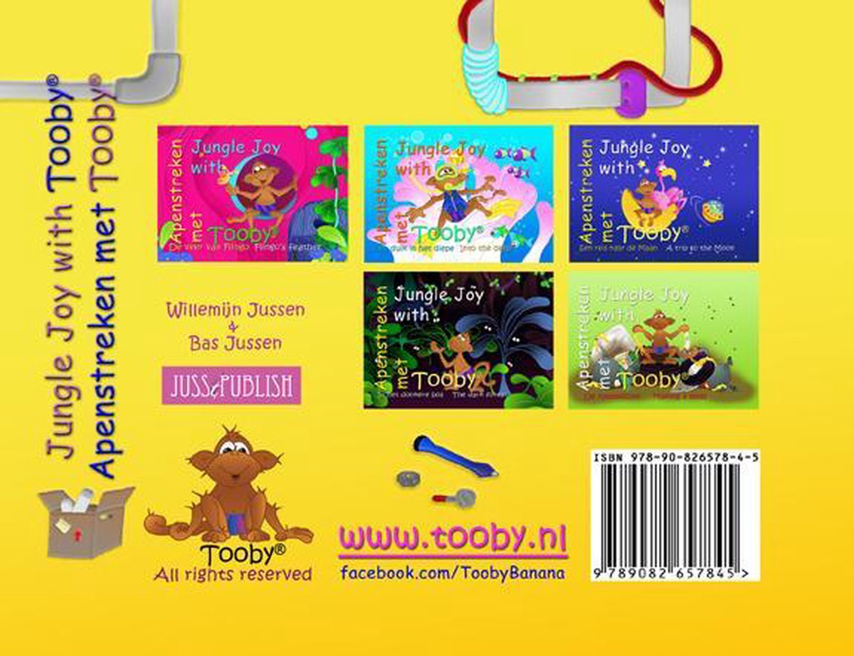 Boekomslag met zes kleine illustraties van apen in een jungle-setting. Inclusief logo's en website.