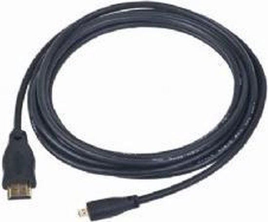 Zwarte HDMI kabel met gouden HDMI en Micro HDMI stekkers, opgerold.
