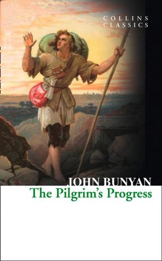 Boek kaft van John Bunyan's 'The Pilgrim's Progress', met een illustratie van een pelgrim met een stok en rugzak.