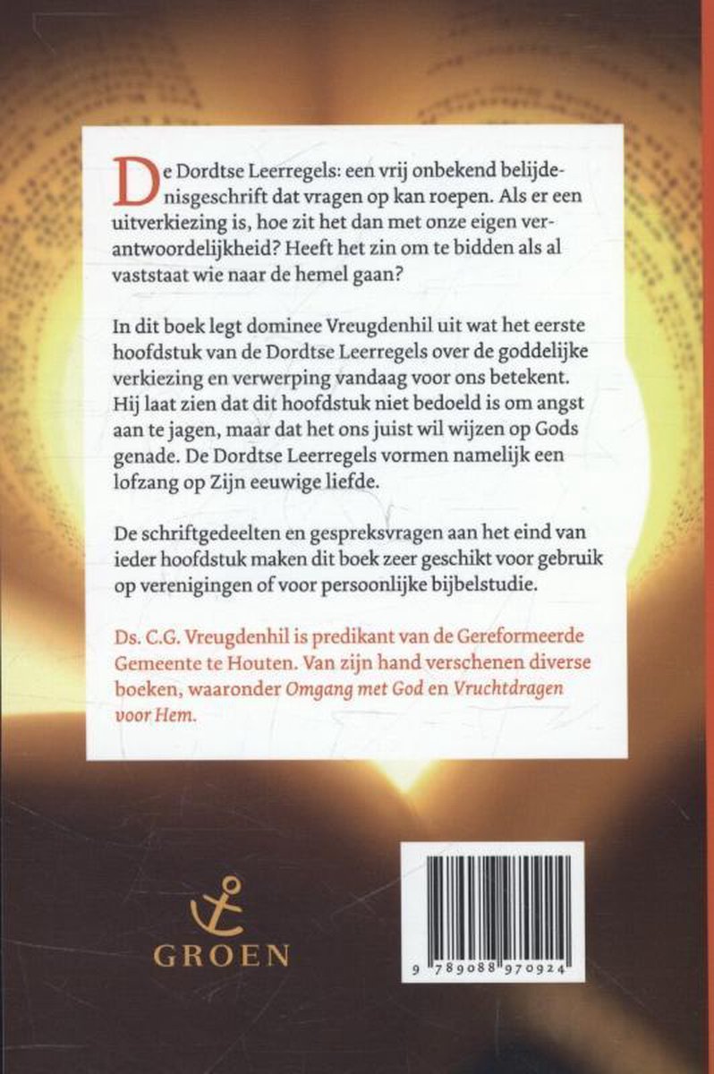 Achterkant van het boek 'De lofzang van Dordt' met tekst en een barcode, tegen een gloeiende achtergrond.