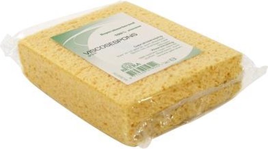 Verpakte gele viscose spons, met etiket waarop 'Betra Viscosepons' staat.