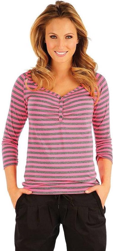 ozon federatie Dinkarville Dames t-shirt met v-hals met knoopjes en 3/4 mouwen grijs/roze gestreept |  S | bol.com