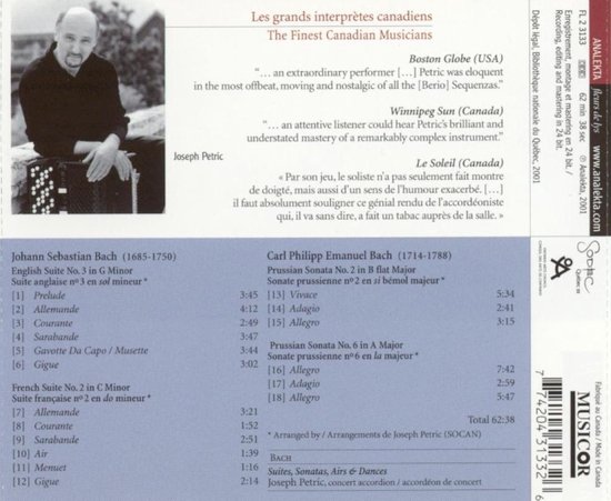 Joseph Petric met zijn accordeon, zittend. Achterkant CD-hoes met tracklist en recensies.