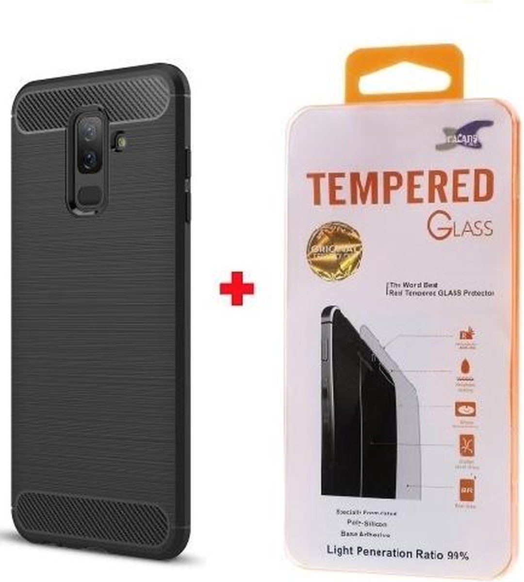 Silicone TPU gel zwart hoesje Telefoonhoesje geschikt voor Samsung Galaxy A6+ Plus (2018) met glas screenprotector
