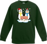 Groene kersttrui met 2 pinguin vriendjes voor jongens en meisjes - Kerstruien kind 7-8 jaar (122/128)