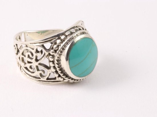 Opengewerkte zilveren ring met groene turkoois - maat 16.5